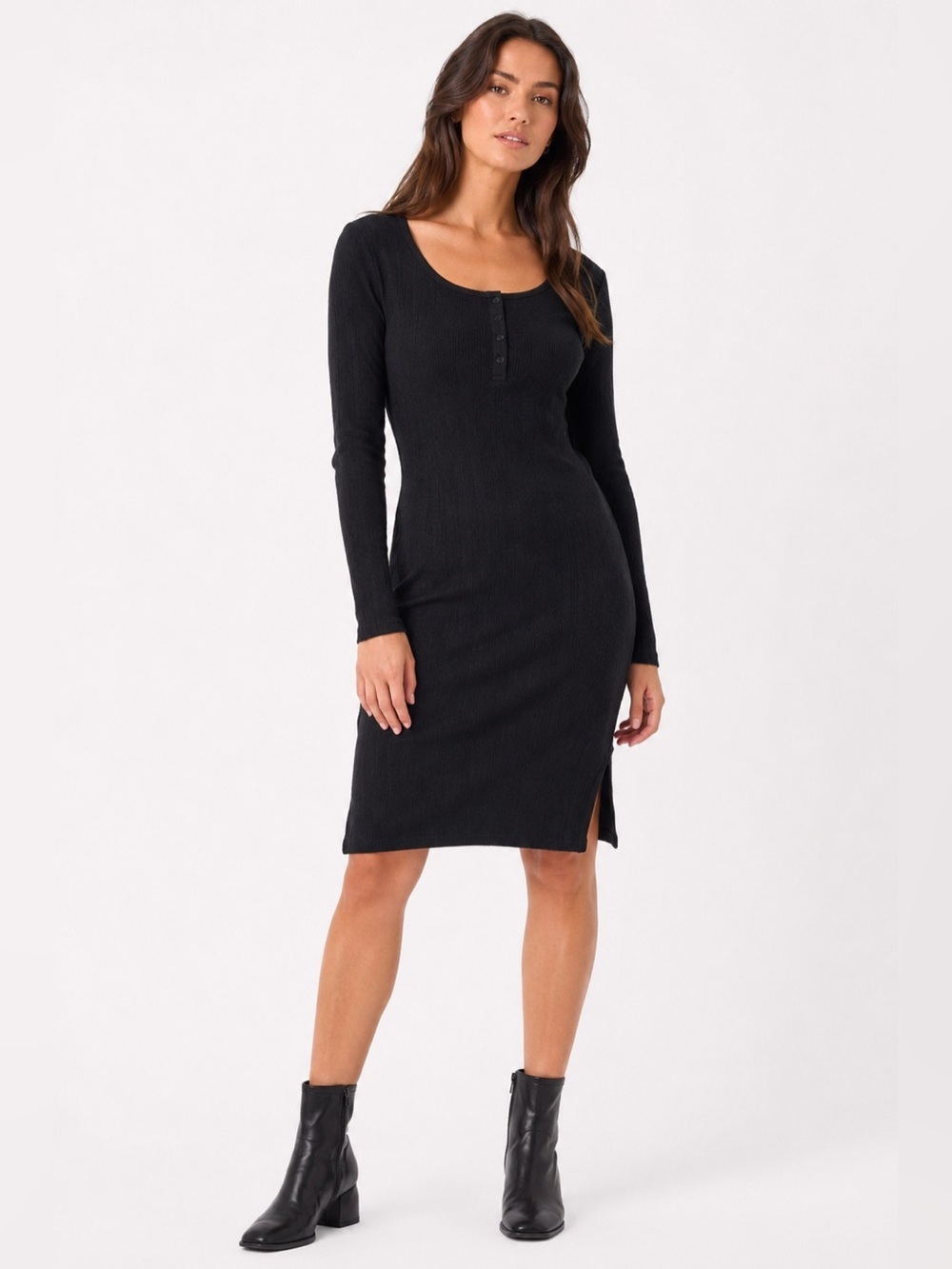 Pact Organic Cotton Ribbed Henley Dress Black Charcoal Size Small